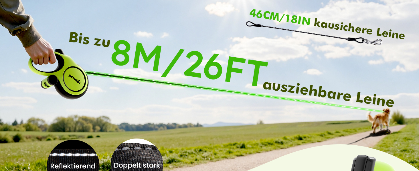 Рулетка для собак Pecute 8м, бісостійка, з набором для збору відходів, 360° без перекручування, для собак середніх та великих (15-50кг), зелена