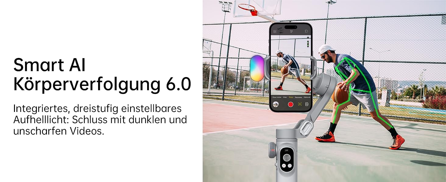 Стабілізатор для смартфона AOCHUAN 3-осьовий з RGB-підсвічуванням, для iPhone/Android, з функцією трекінгу обличчя, комплект Smart X Pro (Сірий)