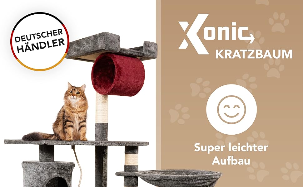 Кігтеточка для котів Foxdevil від xonic® - стабільна, багатофункціональна з платформою, гамаком, будиночком, іграшкою та сходами (141 см, сірий/червоний)