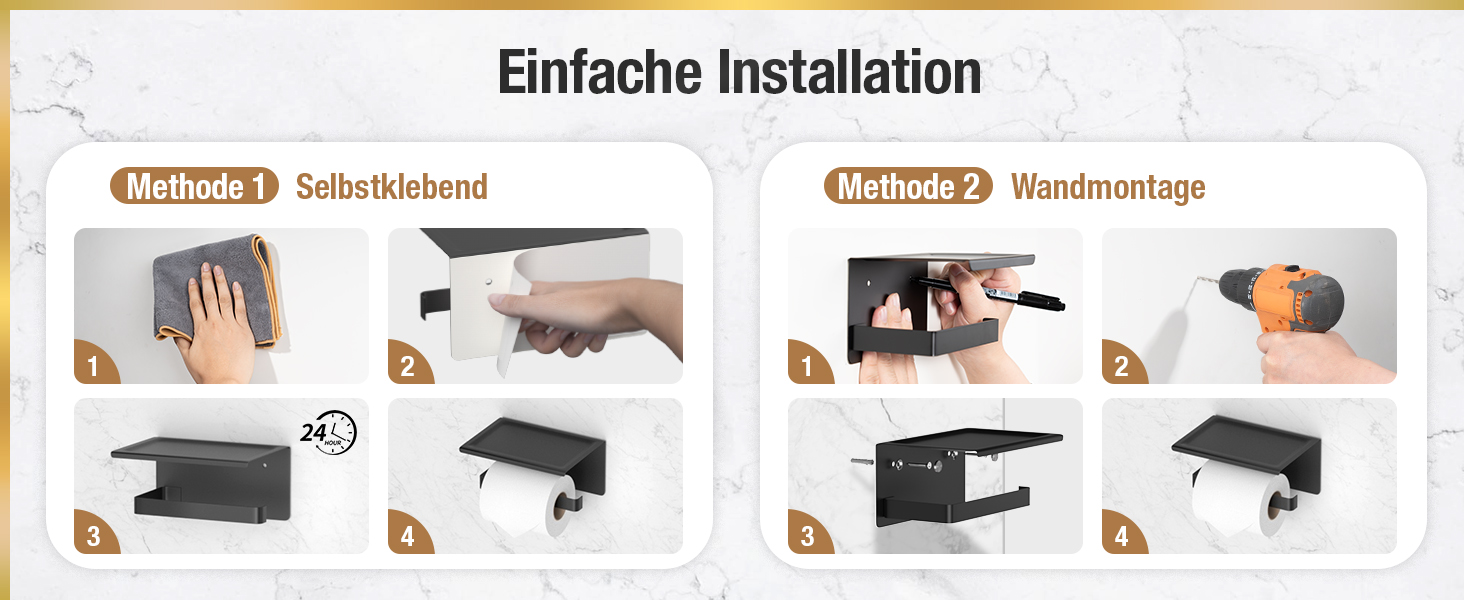 Тримач туалетного паперу HITSLAM без свердління, чорний, нержавіюча сталь з полицею, самоклеючий, для ванної кімнати