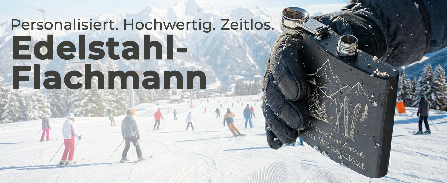 Фляга з нержавіючої сталі Flanacom з гравіюванням, 227мл / 8oz, для сноубордистів та любителів зимових видів спорту. Персоналізована фляга з індивідуальним гравіюванням (дизайн 1, чорний).