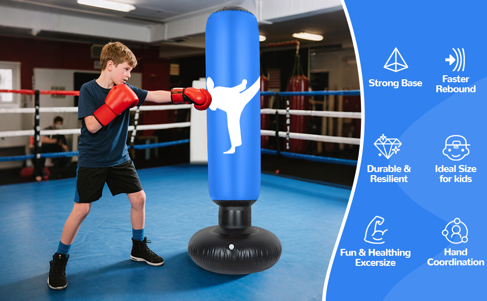 Дитячий боксерський мішок 160 см з рукавичками та насосом, надувний, для занять карате та тхеквондо, ідеальний подарунок для дітей від 6 років (Блакитний)