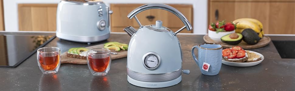 Електричний чайник Cecotec ThermoSense 420 Light Green: 1,8 л, 2200 Вт, регулювання температури, нержавіюча сталь, вінтажний стиль, зелений (блакитний)