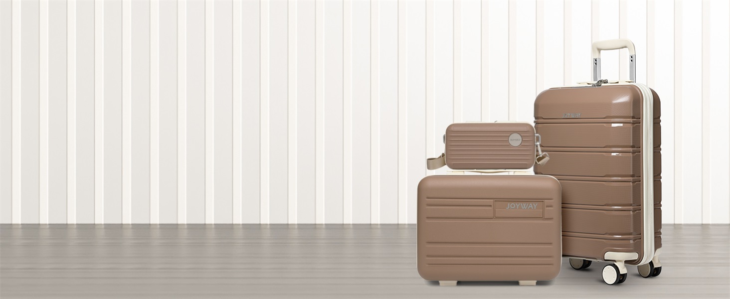 Набір валіз Joyway 3 в 1 з твердим корпусом, 4 колеса, TSA-замок, коричневий/білий. В комплекті: косметичка та сумка для перенесення.