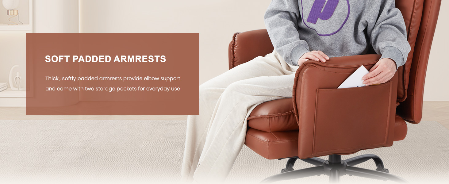 Офісний крісло IWMH з PU шкіри, ергономічний, регульований, з підлокітниками та реклінером 90-135° (колір: коричневий)