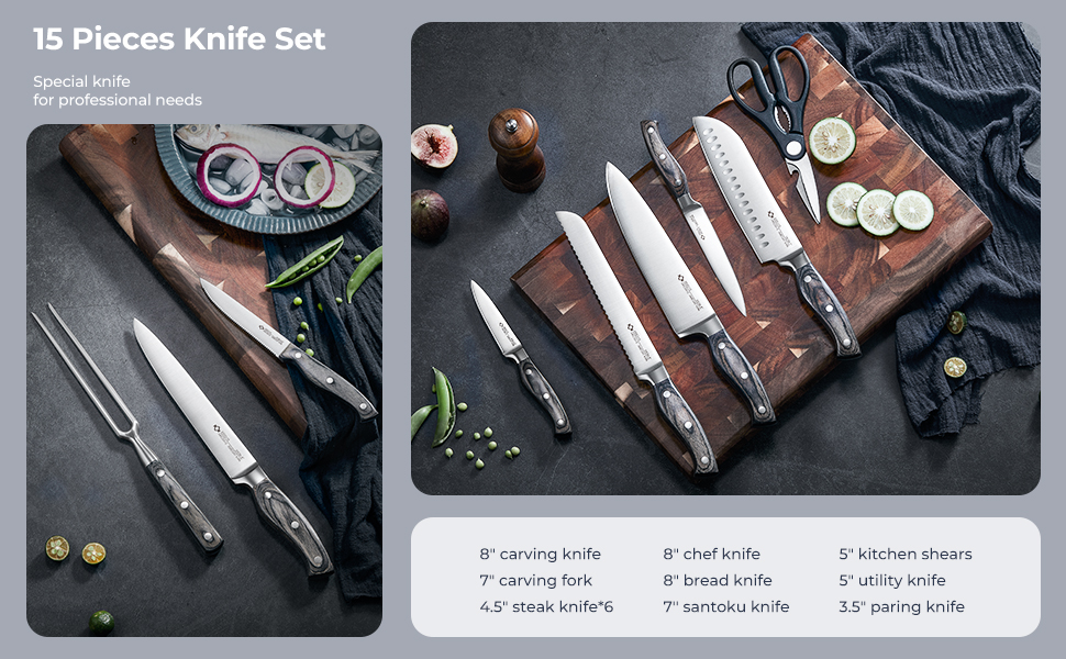 AMEGAT Self-Sharpening Knife Block Set with Carving Fork - Premium Stainless Steel Knife Set with Wooden Block - Vollerl & 3-Rivets Design
