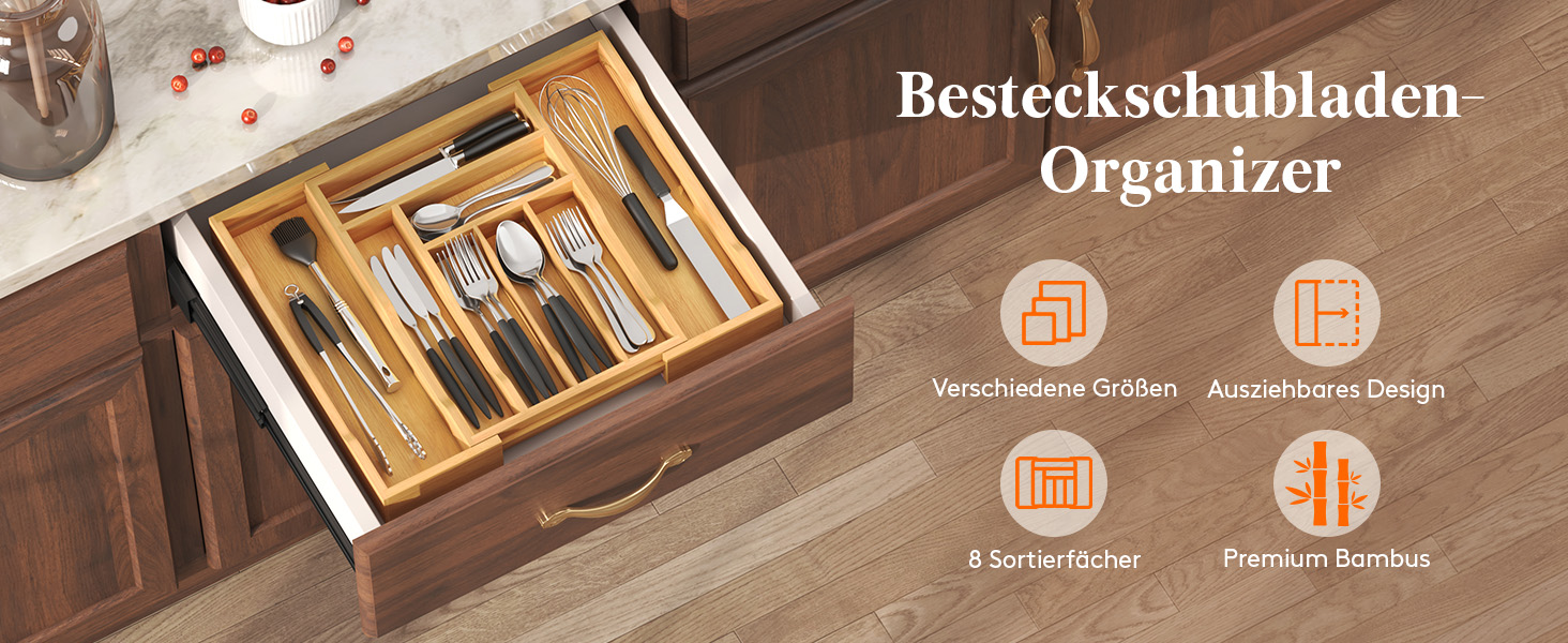Органайзер для столових приборів Lifewit в шухляду, бамбуковий, 38 см (27-46 см) - розсувний лоток для кухні