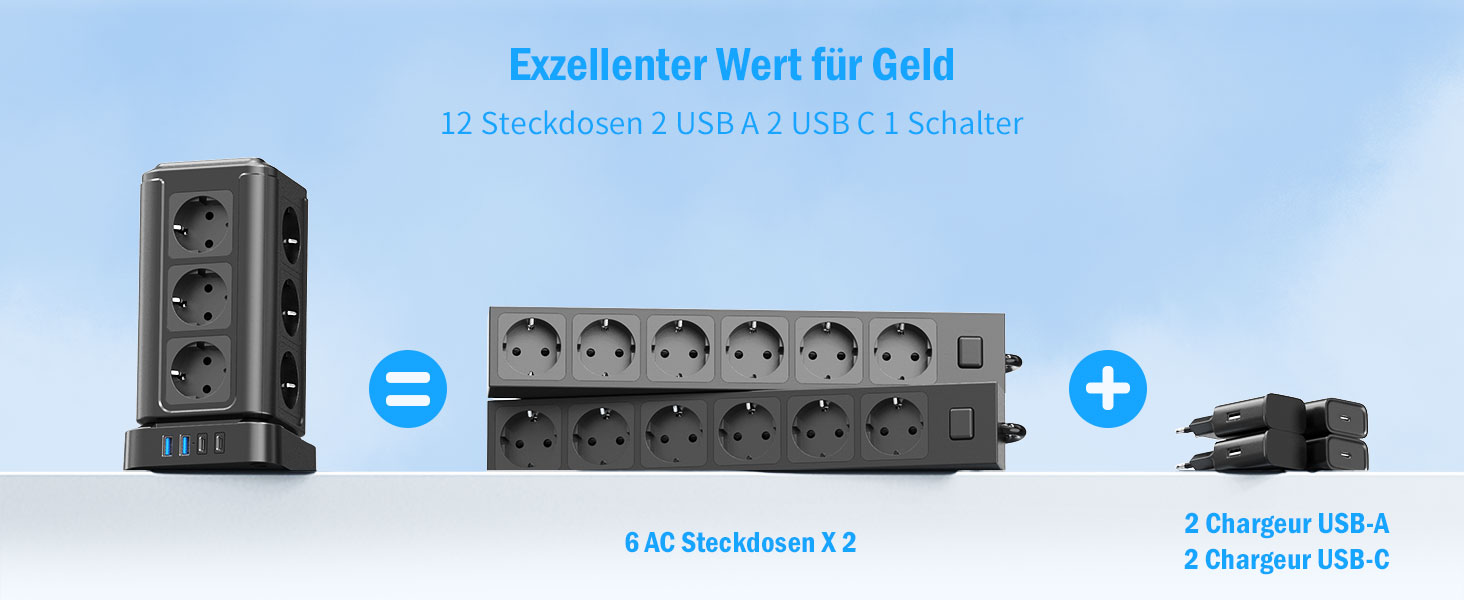 Мережевий фільтр TOPREK у вигляді вежі, подовжувач на 12 розеток з USB-C PD 20W, захист від перенапруги, 3680Вт, чорний
