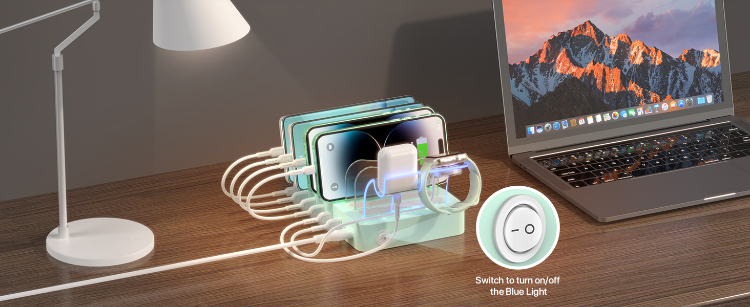 Зарядна станція SooPii USB 60W/12A, 6 портів, органайзер для декількох пристроїв з тримачем для Apple Watch, 6 кабелів для телефонів, планшетів та інших електронних пристроїв. Зелена