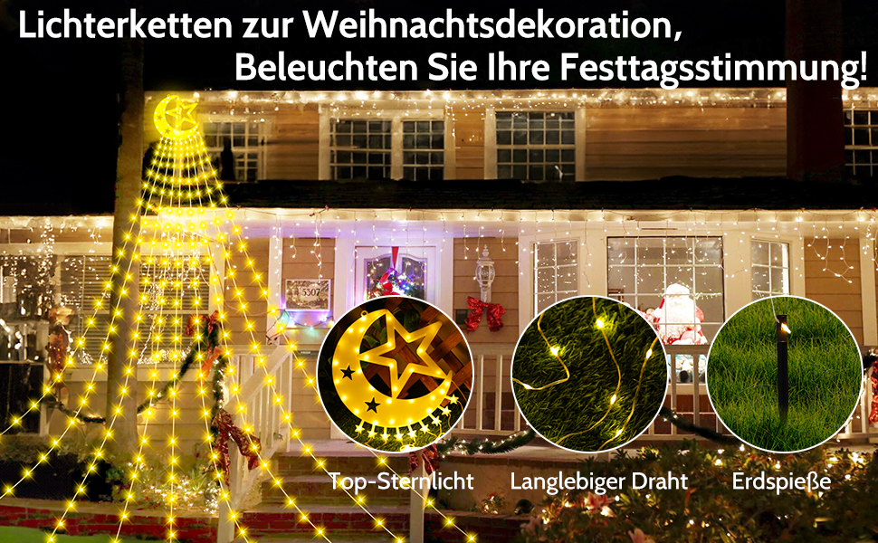 Гірлянда для ялинки 3,5м, 346 LED, 9 струмків, зірка-верхівка, 8 режимів, вологостійка, тепле біле світло