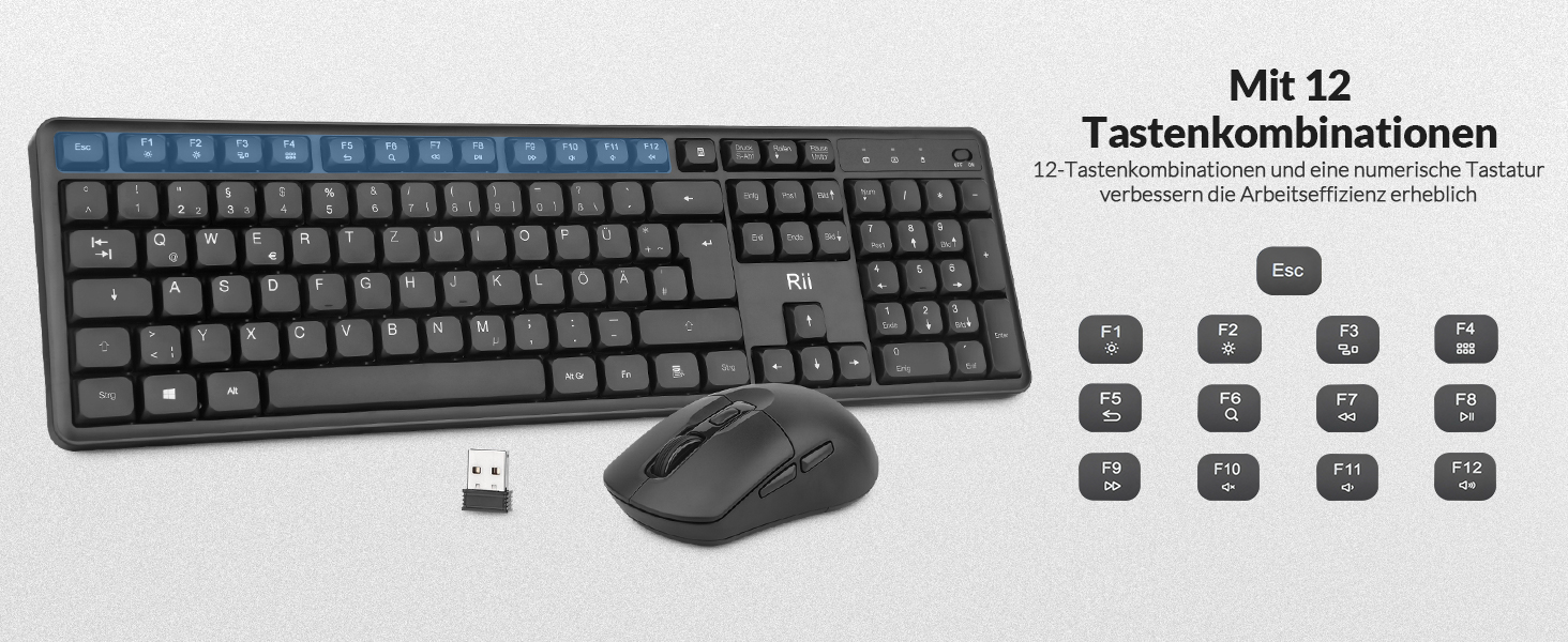 Бездротовий ігровий комплект клавіатури та миші Rii: Bluetooth + 2.4GHz, LED-підсвітка, QWERTZ, для офісу