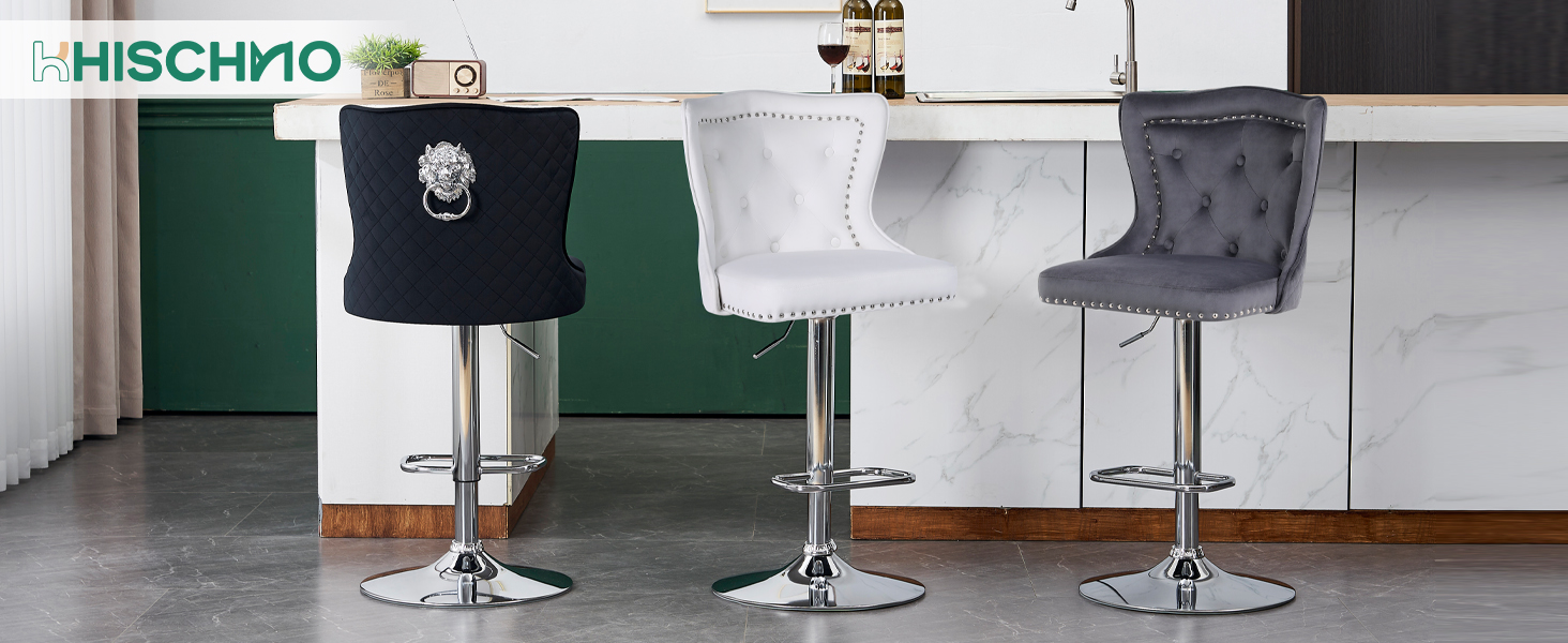 KHISCHMO Velvet Bar Stools 2-Pack - Modern Adjustable Kitchen Counter Barstools with Lion Paw Pulls - 360° Swivel, Black