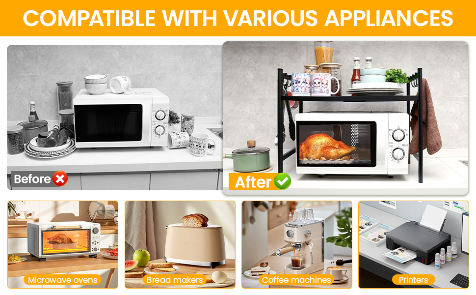 Регульована підставка для мікрохвильовки 2-ярусна, розширювана полиця для кухні з вуглецевої сталі з 8 гачками, органайзер для кухонних аксесуарів, стійка для мікрохвильовки та полиця для зберігання, кухонна полиця для випічки