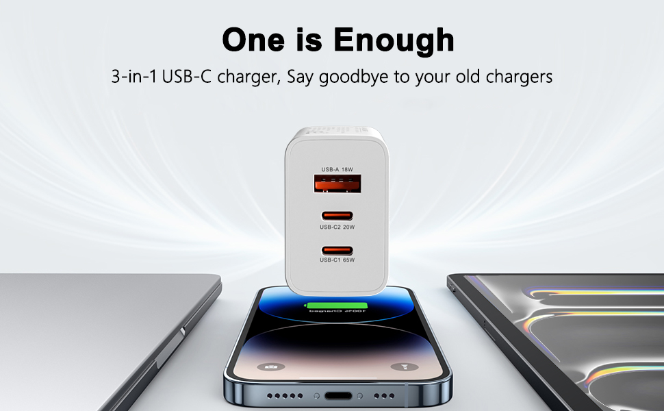 Зарядний пристрій USB-C 50W, 5 портів: 2 USB-C та 3 USB-A, Power Delivery 3.0, швидка зарядка для iPhone, Samsung, телефонів, планшетів - Бежевий