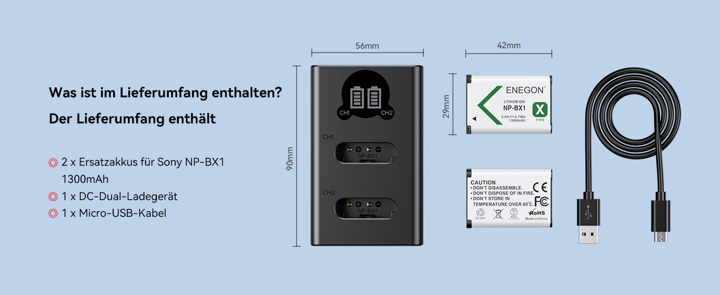 Акумулятор ENEGON NP-BX1 (1300mAh, 2 шт.) з LCD-зарядним пристроєм для Sony NP-BX1, ZV-1, Cyber-Shot DSC-RX100 (усі моделі) та HDR-CX405