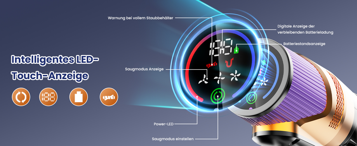 Бездротовий акумуляторний пилосос A12 з функцією миття підлоги, 8-в-1, 48Kpa, 550W, 70 хвилин, з сенсорним екраном, об'єм контейнера 1,5 л, док-станція для стін, підходить для килимів, авто, шерсті тварин, фіолетовий