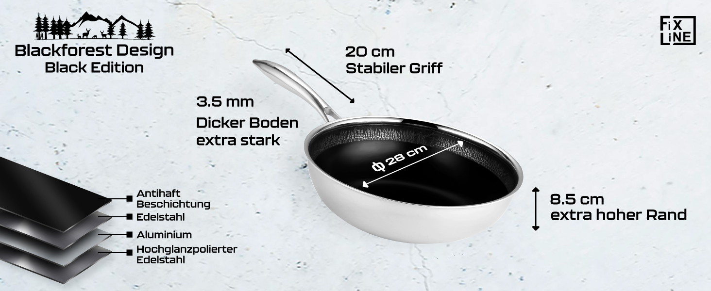 FIXLINE® Сковорода Black Forest 28 см з антипригарним покриттям без PTFE, сумісна з усіма типами плит (включаючи індукцію), можна використовувати в духовці до 230°C, легко миється, ідеальна ідея для подарунка