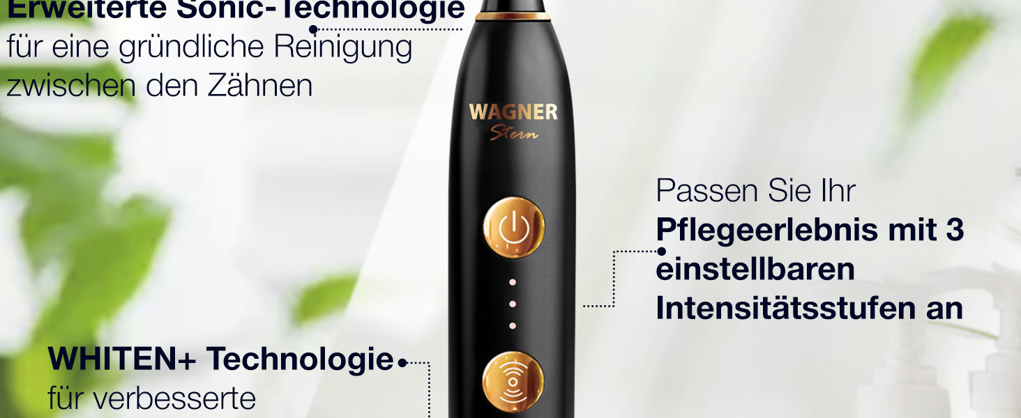 Електрична зубна щітка Wagner Stern WHITEN+ Edition з датчиком тиску. 5 режимів чищення, 3 рівні інтенсивності, 8 насадок, преміум-чохол. Чорний колір