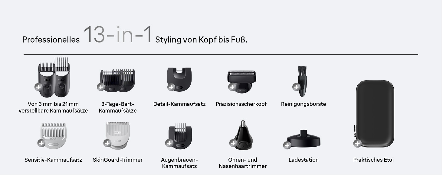 Braun Series 7 All-in-One AIO7545: Триммер для бороди, носа, волосся (13 в 1), сірий. Акумулятор 120 хв, 14 насадок (0.1-21 мм), водонепроникний