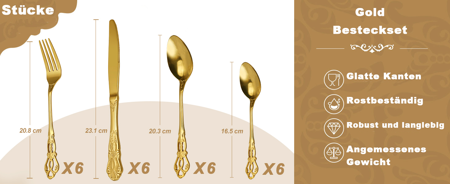 Набір столових приборів Retro Gold на 6 осіб, 24 предмети, нержавіюча сталь, античний бароковий дизайн, золотий колір