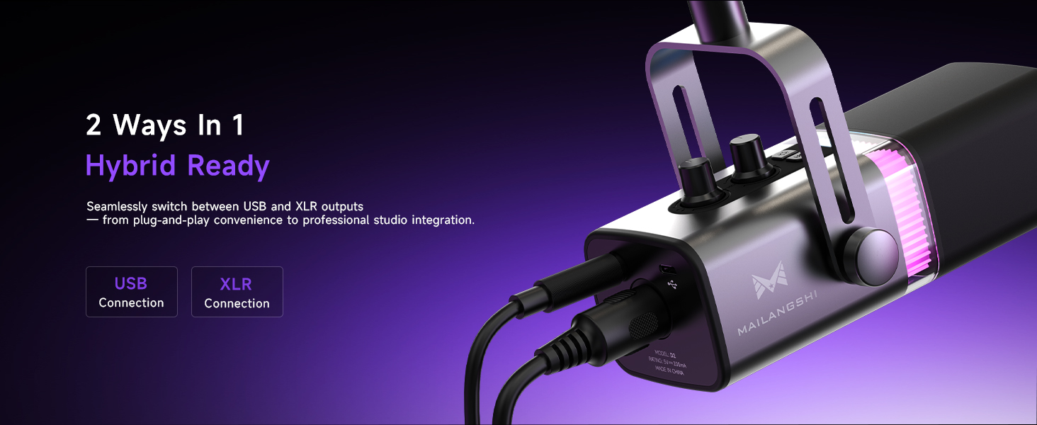 Професійний USB/XLR мікрофон Mailangshi для подкастів, стрімінгу та ігор з RGB підсвіткою та металевим корпусом