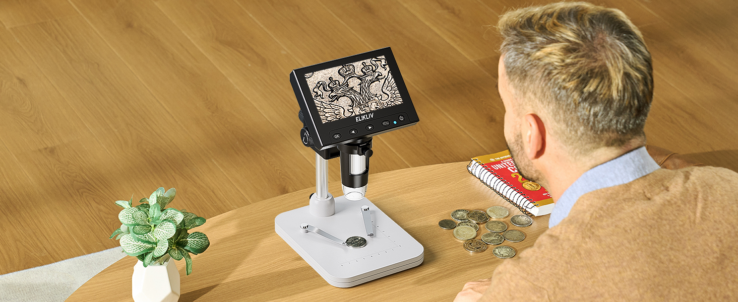 Цифровий мікроскоп Elikliv з LCD-дисплеєм для монет, 1000x, з 8 регульованими LED-підсвіткою, сумісний з PC (Windows/MacBook), EDM4, 4.3 дюйми