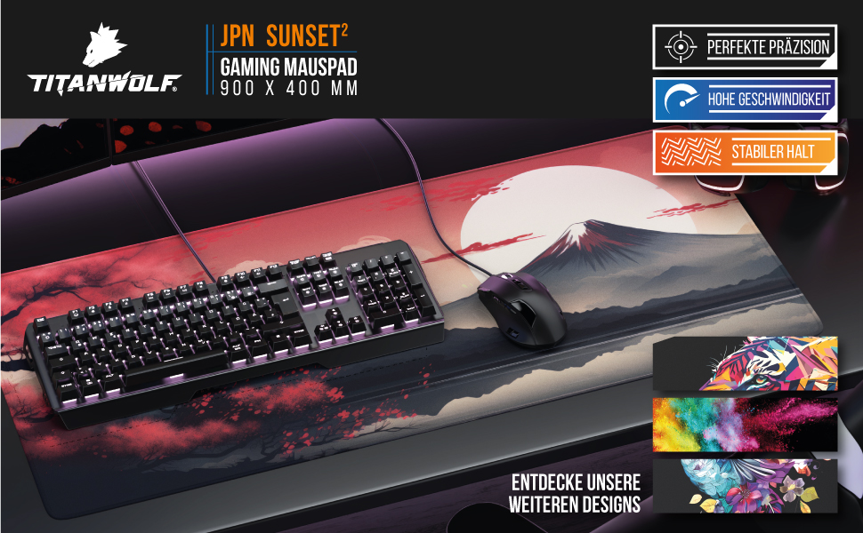 Килимок для миші CSL Titanwolf XXL 900 x 400mm - великий, для геймінгу, покращена точність та швидкість (Japan Sunset 2)