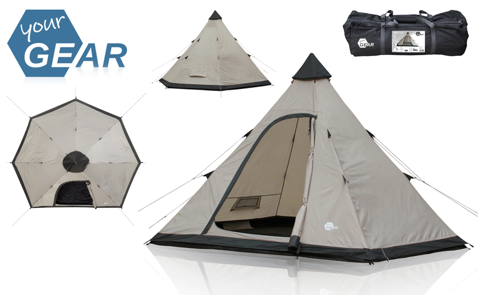 Намет your GEAR Lido Tipi для 3-4 осіб, кемпінговий, з пришитою підлогою, захистом від комах, стоячою висотою, пірамідальний, UV 50+ захист, водостійкість 5000 мм