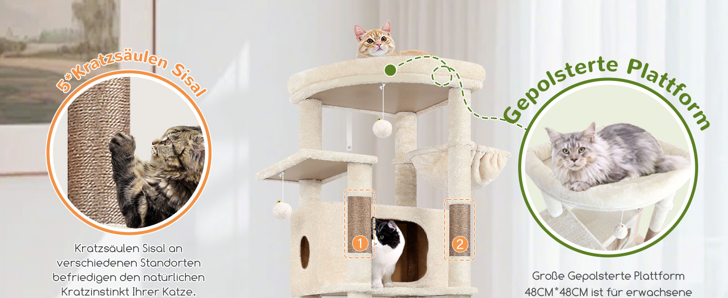 Драбинка для котів Globlazer XXL Бежева, 188 см: великий будиночок, платформа, 2 кошики, стабільна, кутова, легко миється (S74)