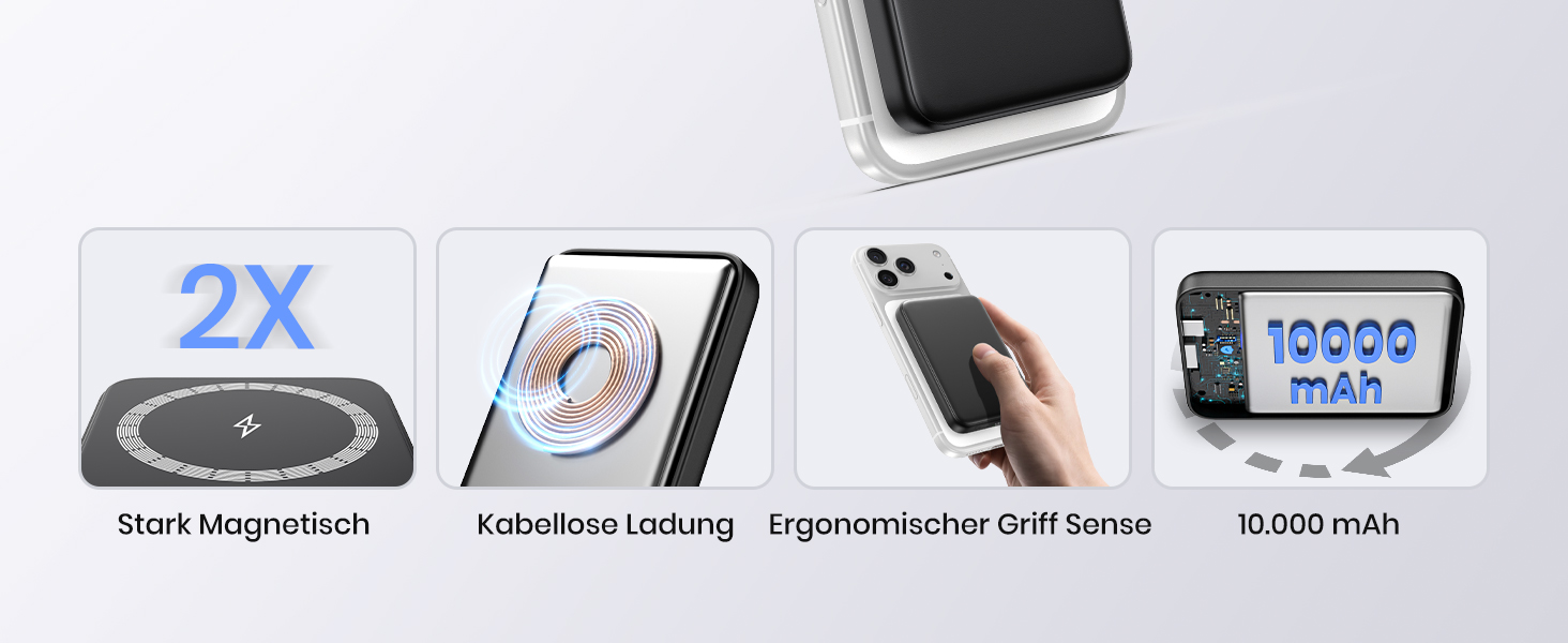 Power Bank Riapow 10000mAh з бездротовою зарядкою, PD 20W, USB-C, LED-індикатор (Чорний)