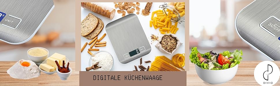 Кухонні ваги DIVID® - професійні цифрове ваги, 0,001 кг - 10 кг, LCD дисплей, функція тарування, ваги для рідини, велика поверхня з нержавіючої сталі