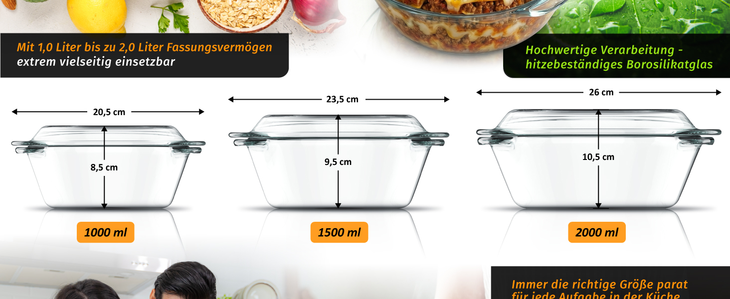 Набір форм для запікання Arendo з кришкою та ручками (3 шт.) – Borosilikatglas – 1000мл, 1500мл, 2000мл – для духовки, мікрохвильовки, BPA-free, скляні контейнери