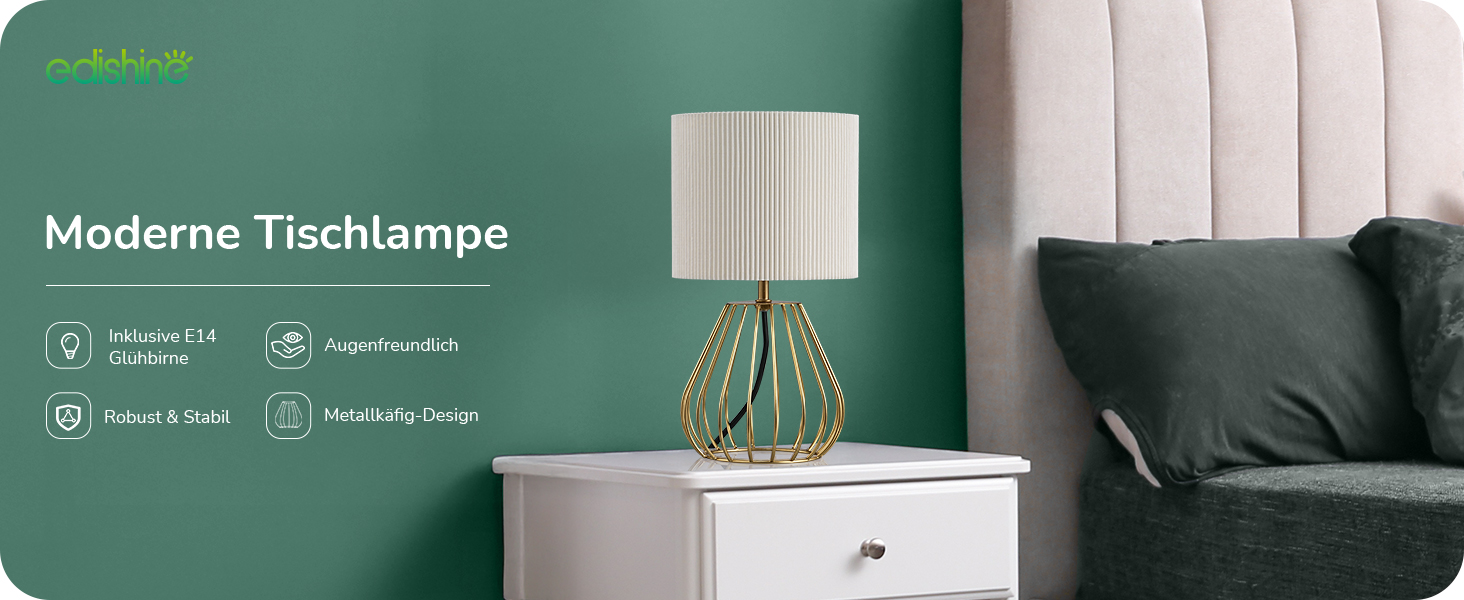 EDISHINE Настільна лампа, сучасний індустріальний дизайн, цоколь E14, вінтажна, для спальні та вітальні, бежево-чорна (кремово-білий плісе + золото)