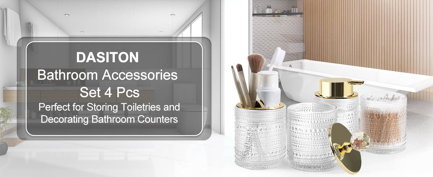 Набір аксесуарів для ванної кімнати Dasiton (4 шт.) з прозорого скла: мильниця, тримач для зубних щіток, стаканчик, контейнер для ватних паличок. Зелений/Прозорий (A)