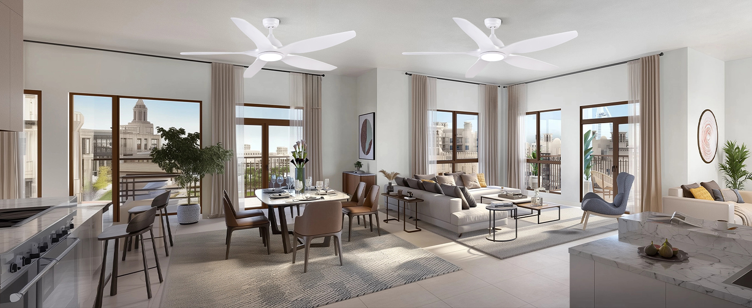 Стеляний вентилятор Newday 153 см, білий з підсвіткою та пультом керування. Безшумний вентилятор-лампа з 5 лопатями, DC мотор, реверсивний, з функцією пам'яті та плавним регулюванням яскравості світла.