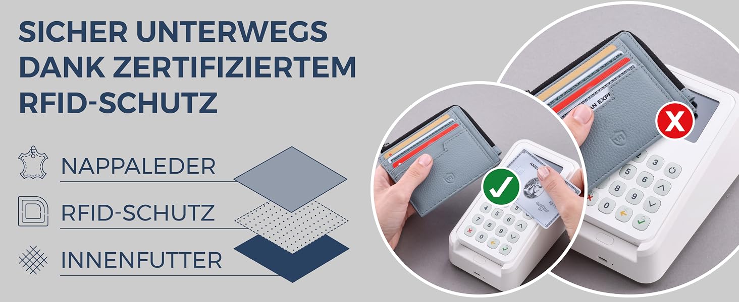 Шкіряний RFID картхолдер VON HEESEN з наппа-шкіри для чоловіків та жінок, 9 відділень, горизонтальний (Світло-блакитний)