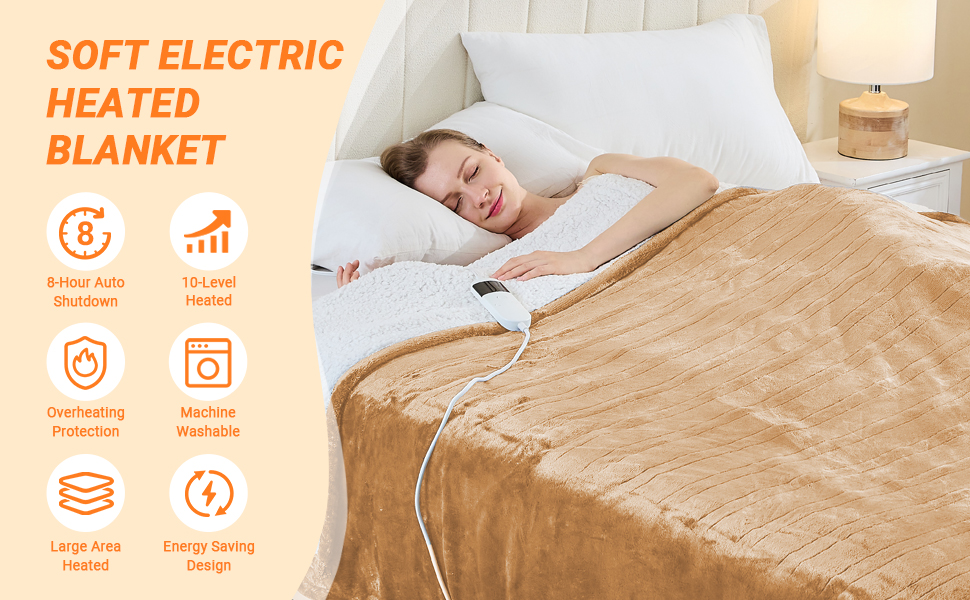 Електрична ковдра з підігрівом 130x180 см з автовимкненням, 10 режимів нагріву, захист від перегріву, машинне прання, для теплих ночей (Хакі, 130 x 180 см)