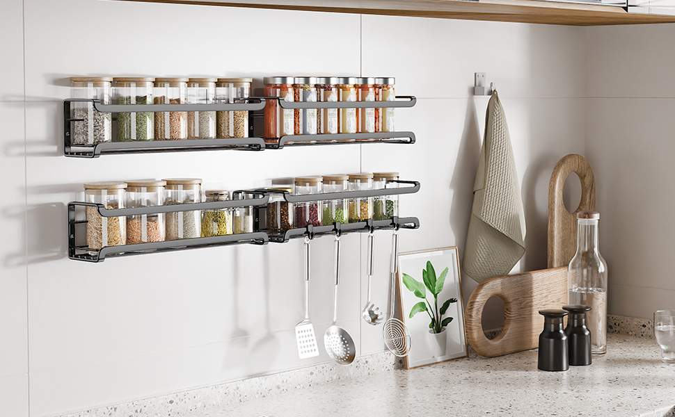Стильна підставка для спецій на 4 відділення з металу, чорна, самоклеюча, без свердління, для кухонної шафи та дверей