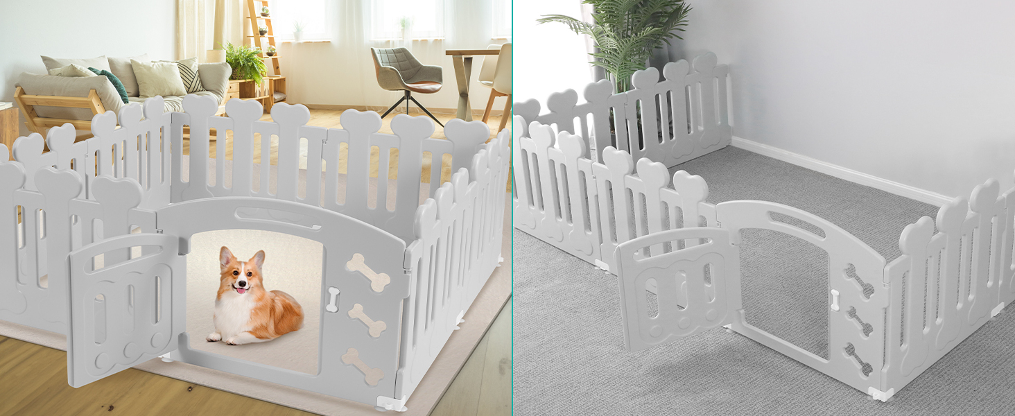 Забіг для цуценят MAMIZO 60 см, вольєр для собак з 7+1 пластикових панелей, сірий. Забіг для собак вдома та на вулиці, з тор, включаючи присоски та ґрунтові анкери.