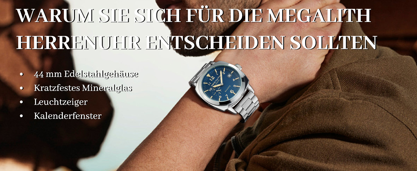 MEGALITH Годинник чоловічий Military, спортивний, Outdoor, водонепроникний з шкіряним ремінцем, сталевий корпус, велике циферблат, свідовий календар, аналоговий кварцовий годинник для чоловіків, дизайн (A-1 Срібло/Блакитний)