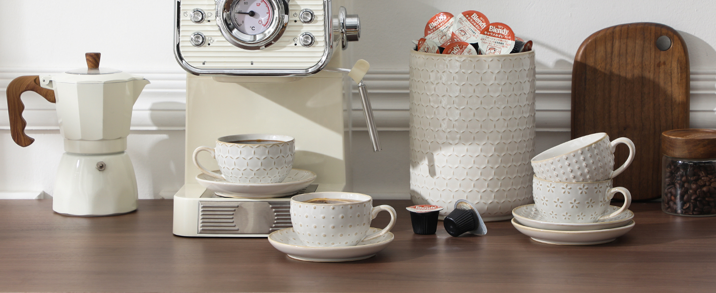 Набір кавових чашок MALACASA з блюдцем, 8 шт., для 4 особи, з рельєфом, 180 мл, кераміка, бежевий