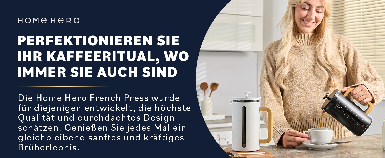 Френч-прес для кави Home Hero – 963.9 г, з бамбуковим руків'ям, скло Borosilikat, нержавіюча сталь, 4-шаровий фільтр, чорний