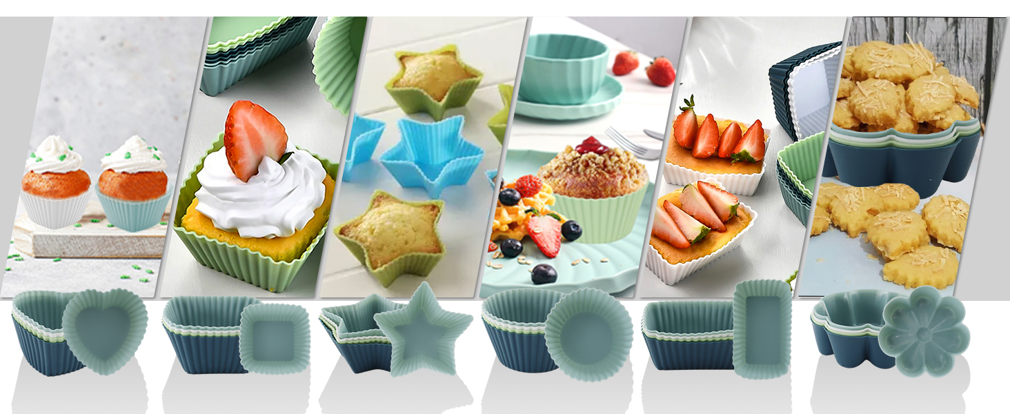 24 Силіконові Формочки для Маффінів, 6 Типів, Багаторазові, Антипригарні, для Випікання, Сумісно з Посудомийною Машиною (4 кольори)