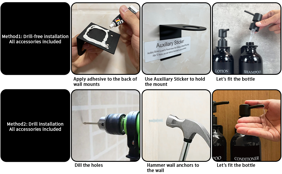Набір дозаторів для мила та шампуню на стіну, 500 мл, 3 шт., без свердління, колір бурштиновий (чорна пляшка + чорний насос)
