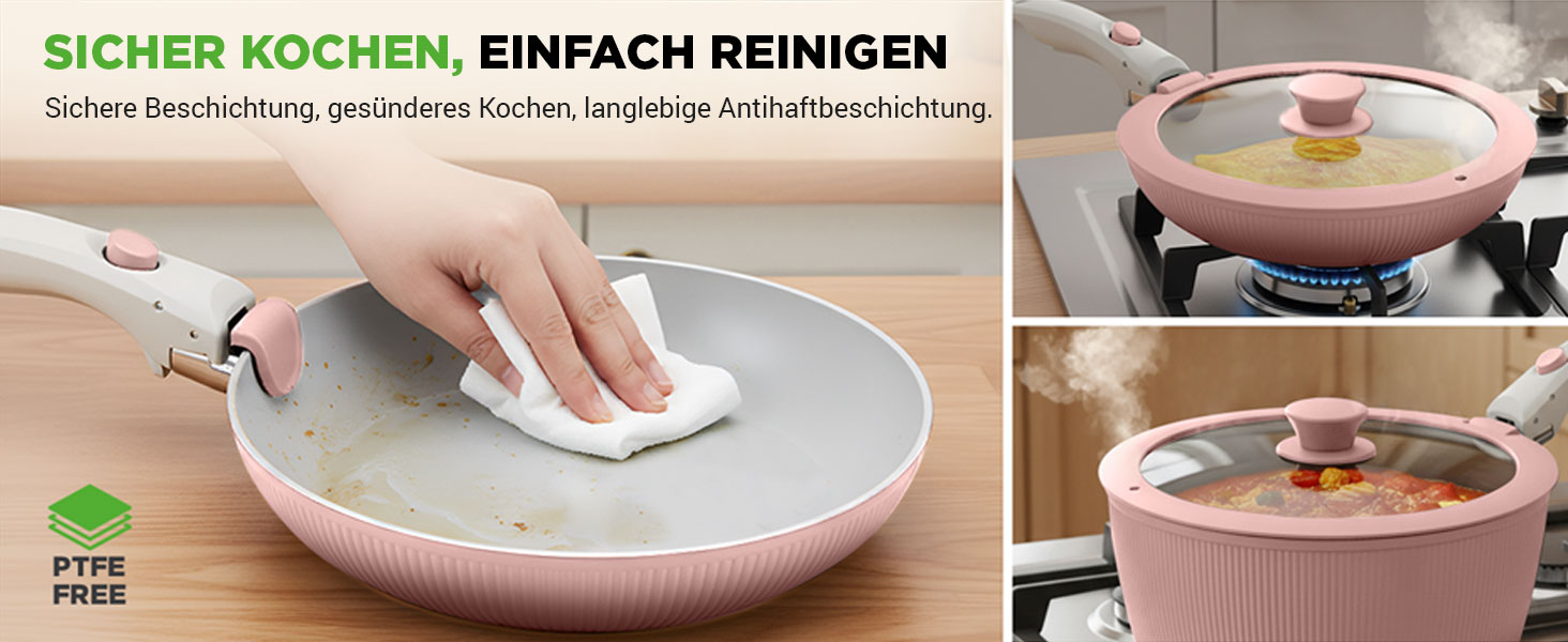 Набір посуду NutriChef 18 предметів керамічний рожевий з знімними ручками, для індукційних плит, антипригарний, компактний, для духовки, універсальний