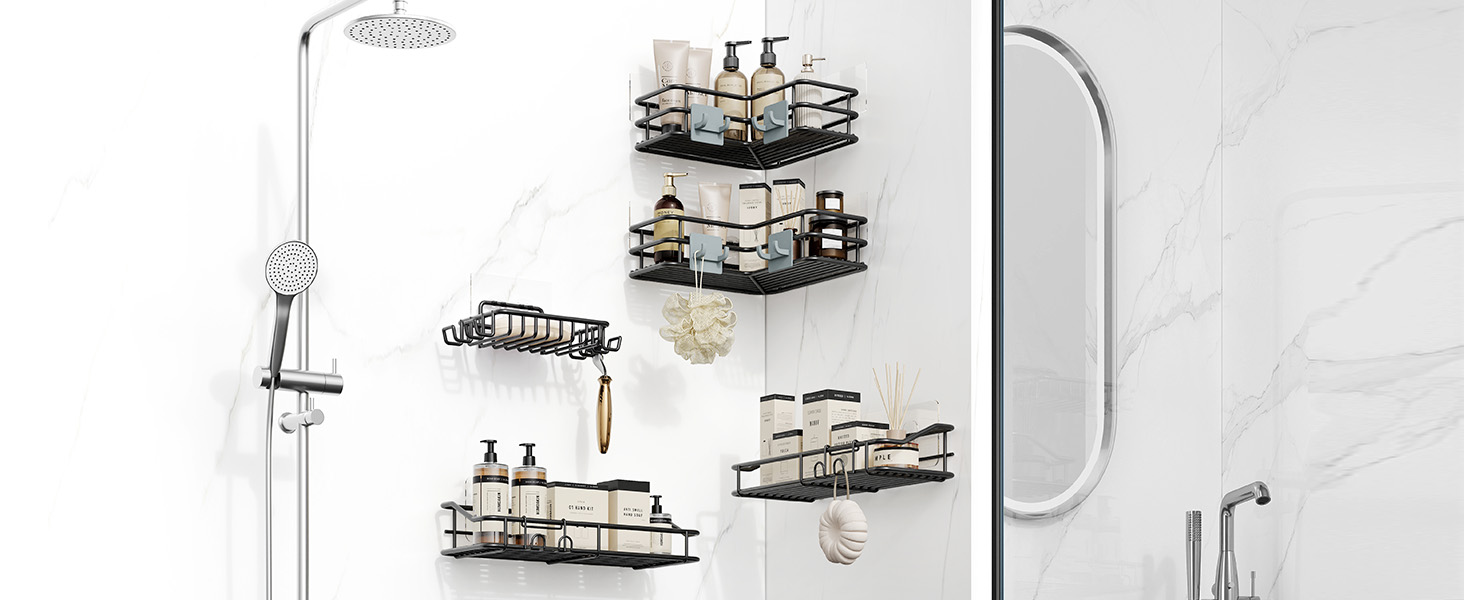 Тримач для мила з нержавіючої сталі з 4 гачками та зливом, самоклеючий, для душу та ванної кімнати (Чорний)