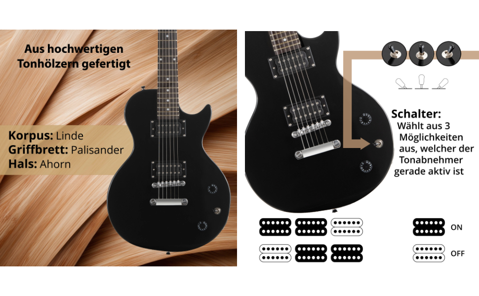 Rocktile L-100 BL Електрогітара Стартовий набір - чорний колір, Single Cut - Корпус: Липа - 2x Humbucker звукознімачі - з підсилювачем, Gigbag, кабелем, медіаторами, ременем та навчальним посібником
