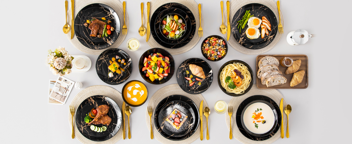 Набір посуду Lovelcasa Sweet Daphne 32-елементний, порцеляновий сервіз з золотим декором для 8 осіб (чорний)