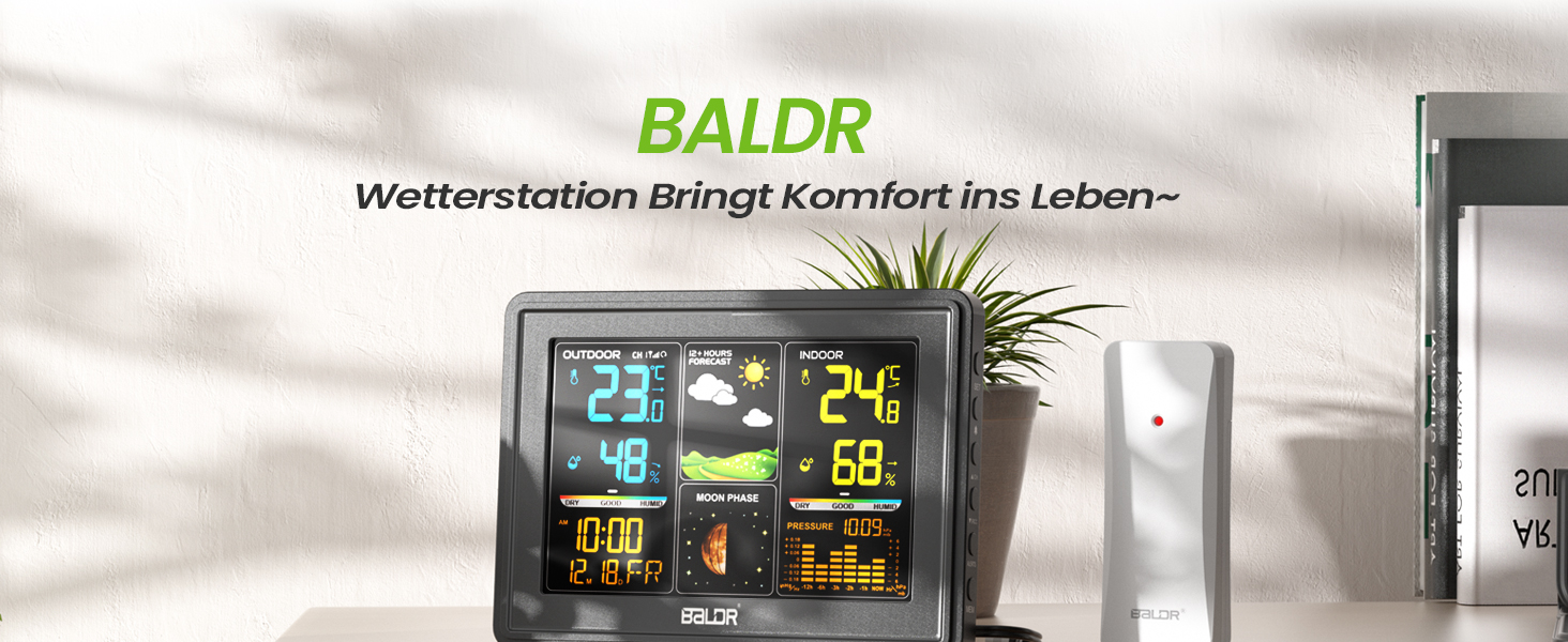 Метеостанція бездротова BALDR з зовнішнім датчиком, колірний дисплей, годинник DCF, термометр/гігрометр, прогноз погоди, барометр, фази місяця, живлення від мережі