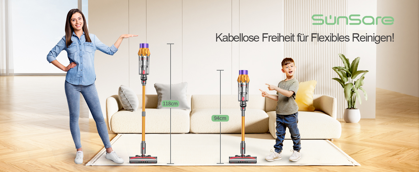 Акумуляторний пилосос SunSare 600W з дисплеєм, 50000Pa, 65хв роботи, для твердих поверхонь, килимів, шерсті тварин